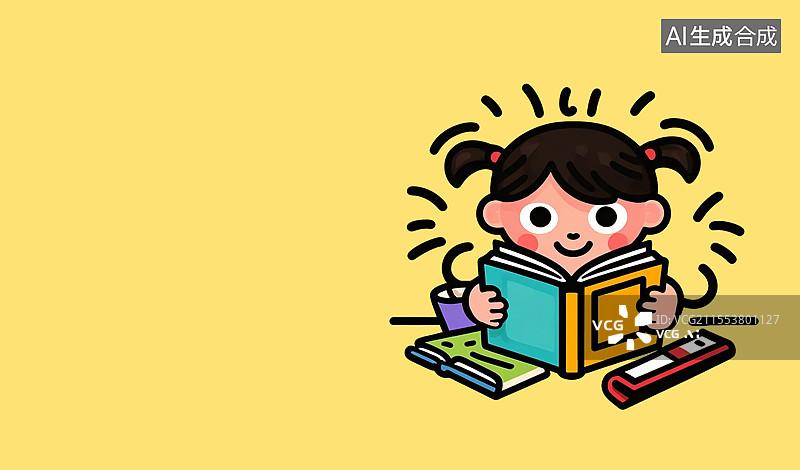【AI数字艺术】2D卡通风格世界读书日小女孩读书粗描边插画背景居右图片素材