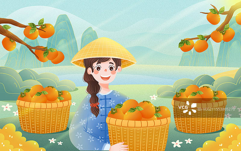 卡通小清新风格之女孩秋季柿子大丰收插画水果人物插画图片素材