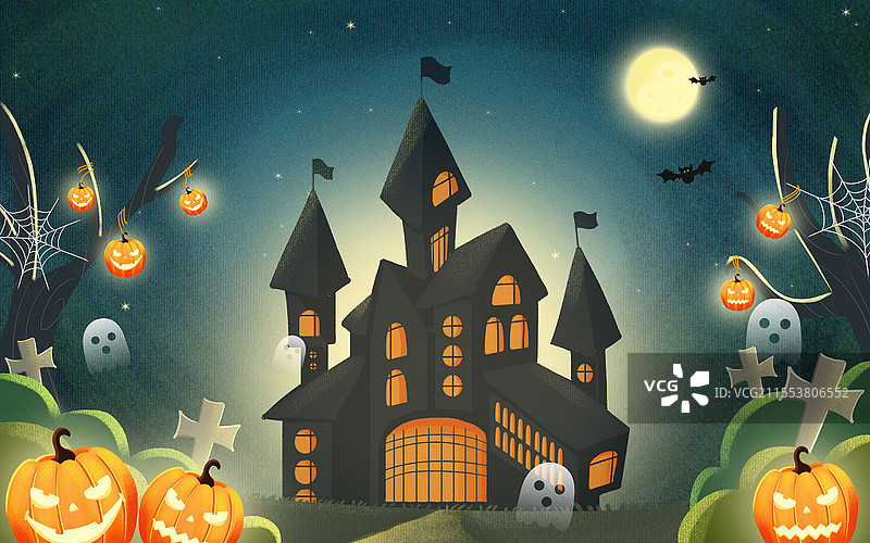 小清新卡通肌理风格之万圣节城堡墓碑插画万圣节插画图片素材