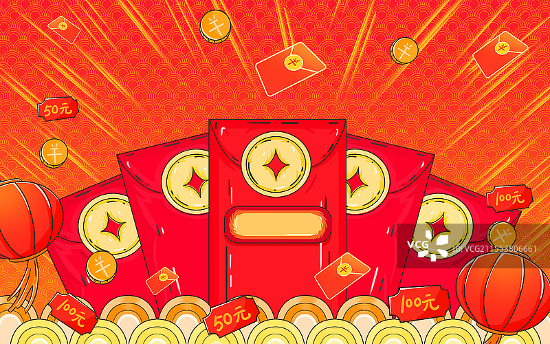 开工大吉开门红包卡通喜庆风格之双十一购物红包插画双十一插画图片素材