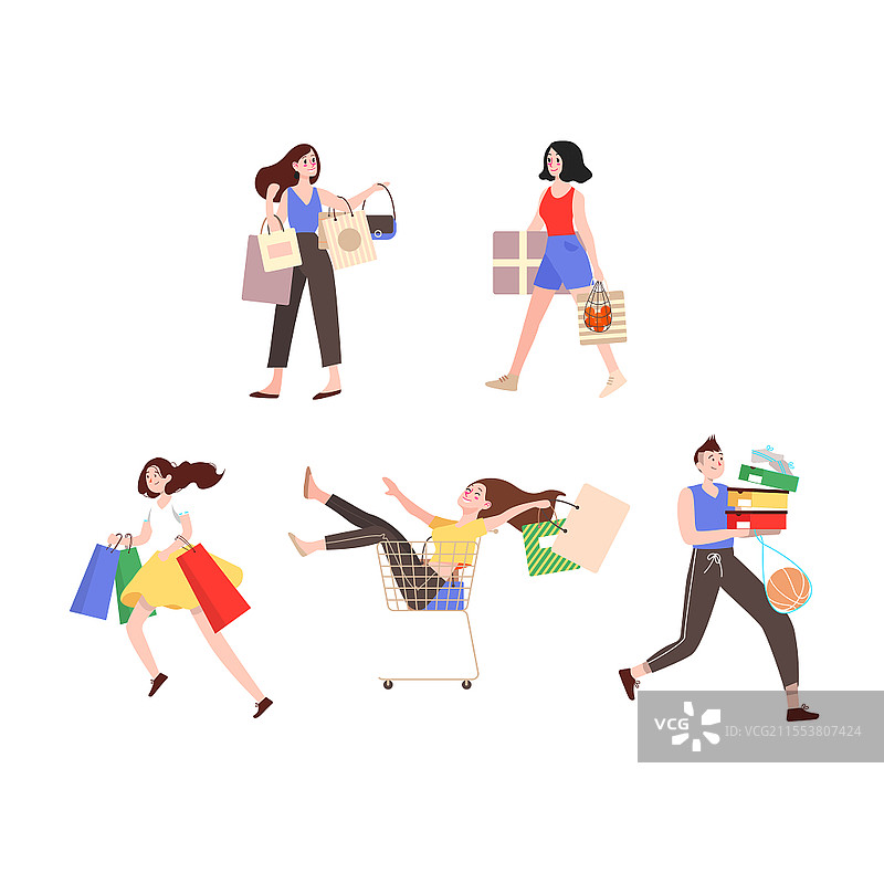矢量卡通购物人物套图元素AI文件免抠图购物人物元素图片素材