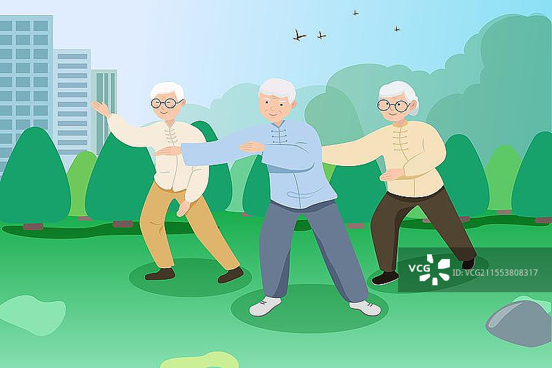 扁平健康生活公园老人打太极插画社区春季健康教育知识宣传素材图片素材