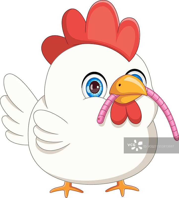可爱的卡通小鸡在吃虫子图片素材