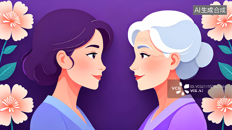 【AI数字艺术】两位母亲，紫色渐变三八妇女节母亲节背景壁纸图片素材