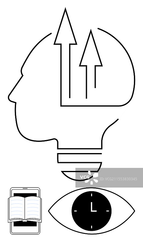 人头上有箭头，打开的书，眼睛里有时钟图片素材