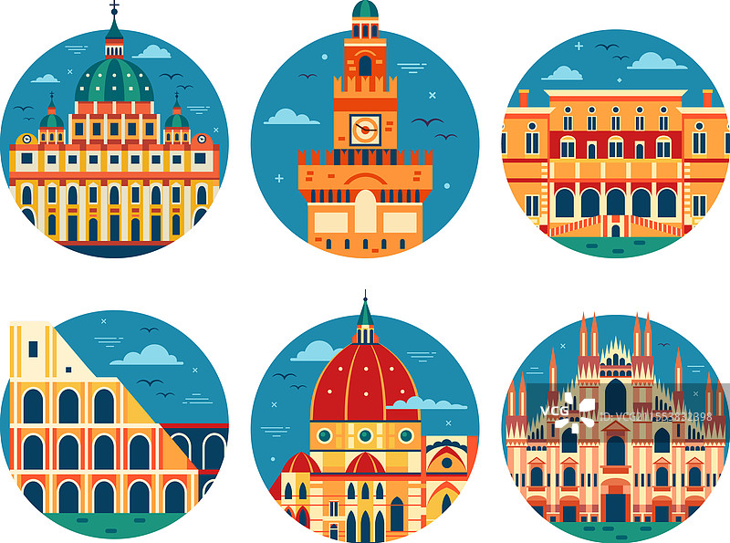 意大利旅行圆形图标，扁平设计图片素材