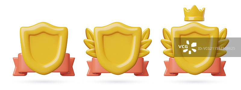 可爱的3D游戏徽章框，带有金色盾牌和皇冠图片素材