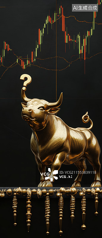【AI数字艺术】了一只金色的牛雕像，头顶上有一个问号，背景是一个显示股票市场数据的屏幕。牛雕像象征着股市中的牛市。图片素材