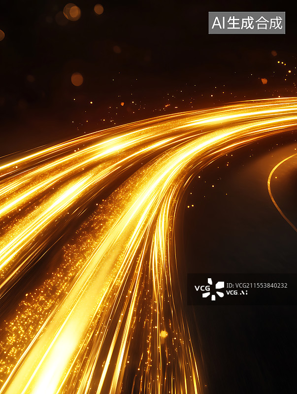 【AI数字艺术】黑色背景下金色光线轨迹的特写镜头图片素材