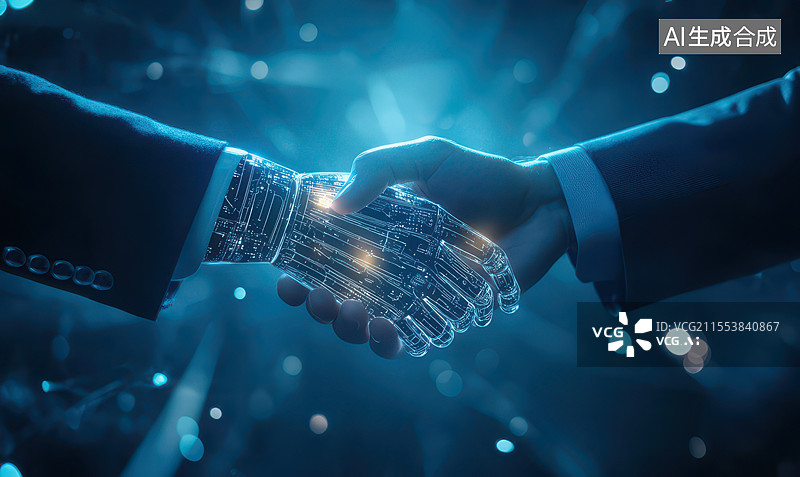 【AI数字艺术】人类与人工智能握手合作图片素材
