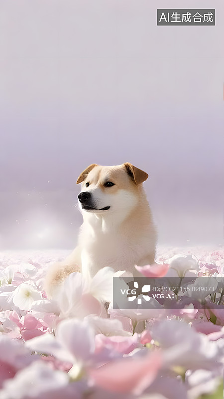 【AI数字艺术】手机壁纸春天飞花花堆花丛里写实可爱小狗中华田园犬竖版插画图片素材