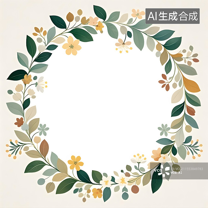 【AI数字艺术】圆形图案，白色背景，浅绿色和深绿色叶片，米白色和浅黄色花朵，棕色小花，手绘花卉边框，清新风格 。图片素材