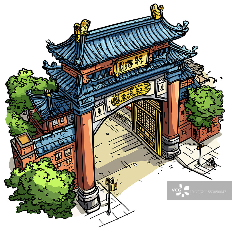 手绘漫画的唐人街大门图片素材