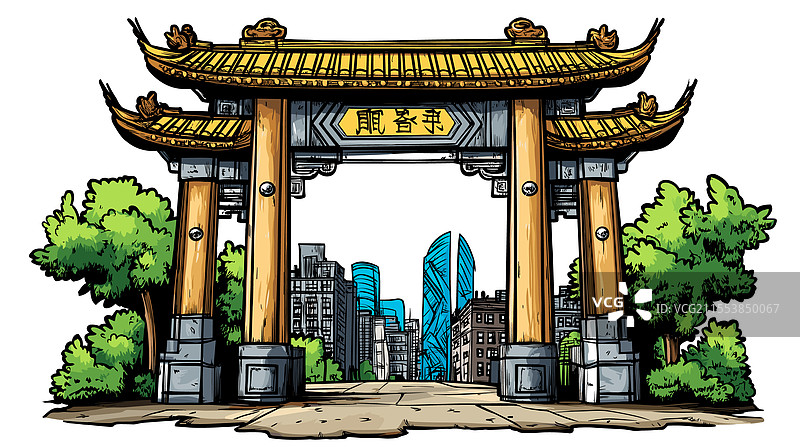 手绘漫画风格的唐人街大门图片素材