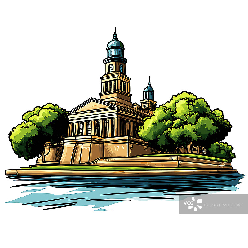 纽约的艾利斯岛手绘漫画图片素材