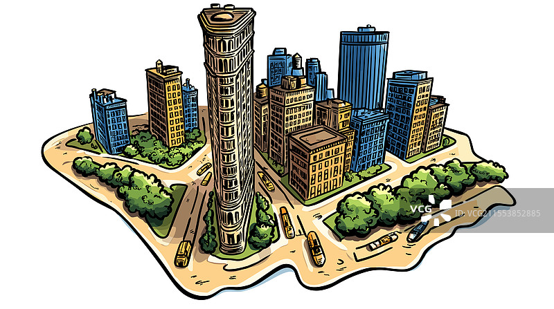 纽约的铸铁大楼，手绘漫画风格图片素材