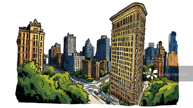 纽约的铸铁大楼，手绘漫画风格图片素材