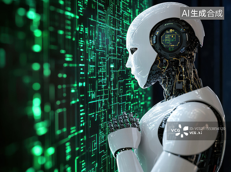 【AI数字艺术】一个高度拟人化的机器人，它似乎在进行深度思考或分析。背景充满了高科技元素图片素材