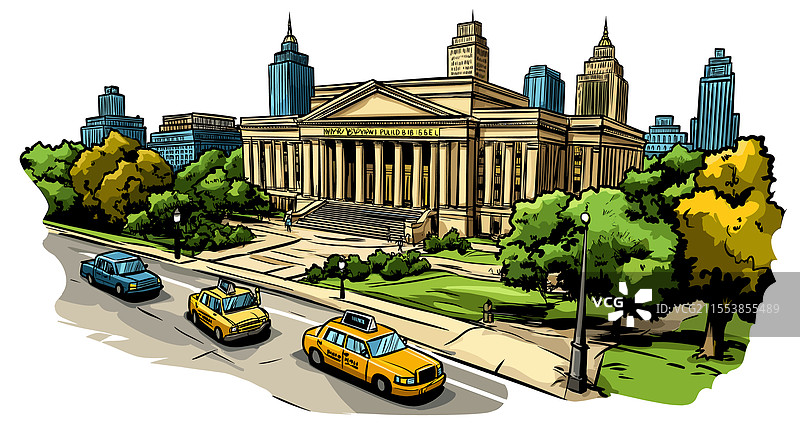 手绘漫画风格的纽约公共图书馆新馆图片素材
