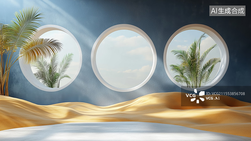 【AI数字艺术】建筑内部空间和窗外山峰风景图片素材