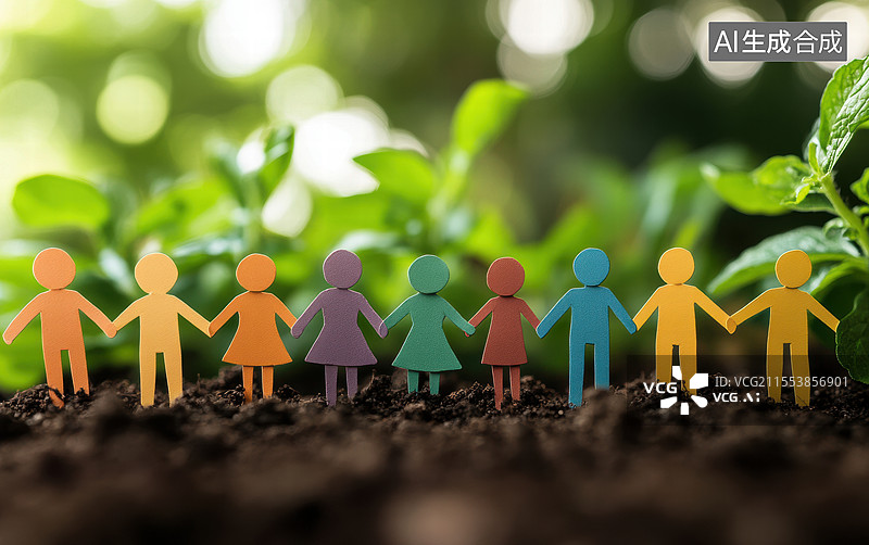 【AI数字艺术】一组彩色的纸人剪影，它们手拉手站在土壤上，背景是绿色的植物和柔和的阳光。图片素材