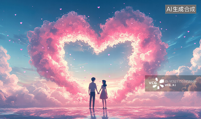 【AI数字艺术】一对情侣站在一个巨大的心形背景前。天空被渲染成粉红色和紫色的渐变色调。图片素材