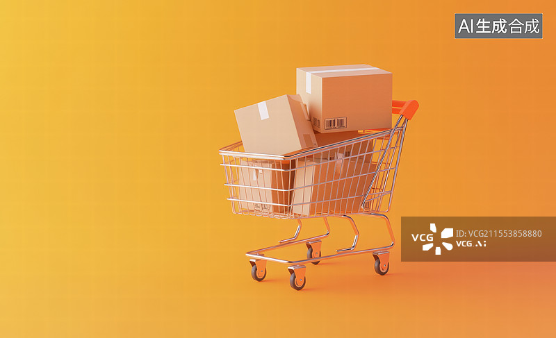 【AI数字艺术】一辆购物车，里面装满了纸箱。背景是单一的黄色，突显了购物车和纸箱的存在，给人一种简洁明快的感觉。图片素材