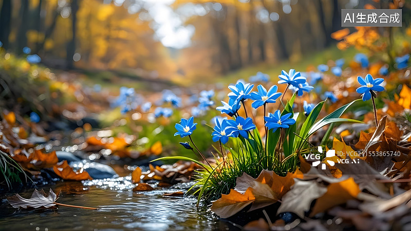 【AI数字艺术】秋日溪流边的蓝色花朵图片素材
