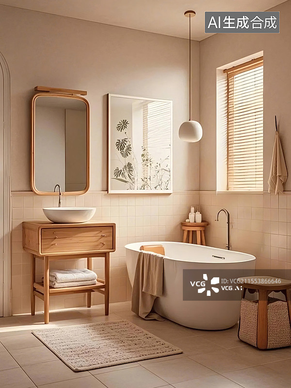 【AI数字艺术】简约温馨木质风浴室场景图片素材
