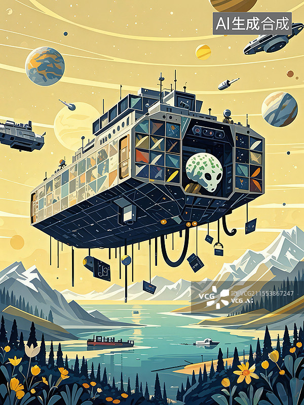 【AI数字艺术】太空垃圾回收船扁平插画，机械章鱼连接AI拼合方舟，马赛克图谱揭示宇宙文明中继站图片素材
