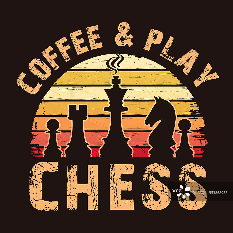 咖啡与下棋的复古T恤设计图片素材