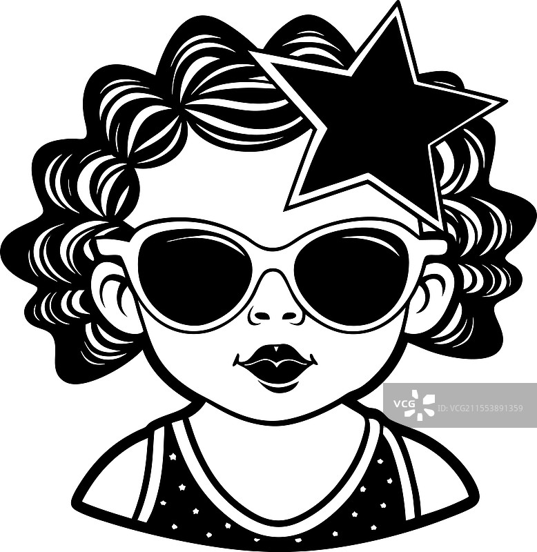 卷发造型的小女孩墨水素描图片素材