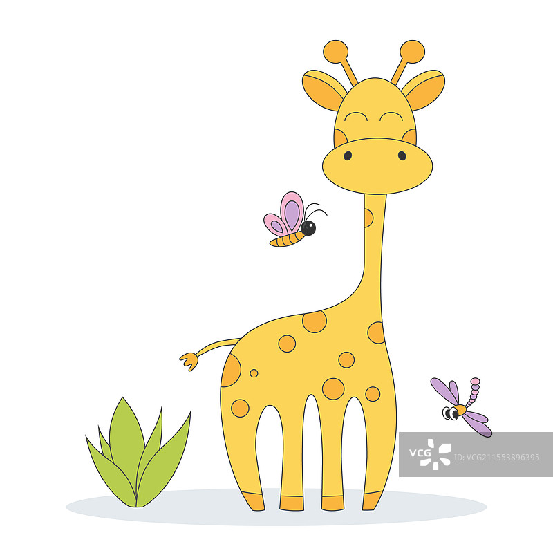 可爱的小长颈鹿卡通角色与蝴蝶图片素材