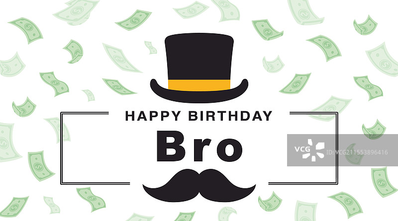 带有高顶礼帽和钞票的生日快乐卡片图片素材