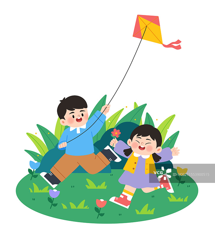 春季活动小朋友们放风筝小场景元素图片素材
