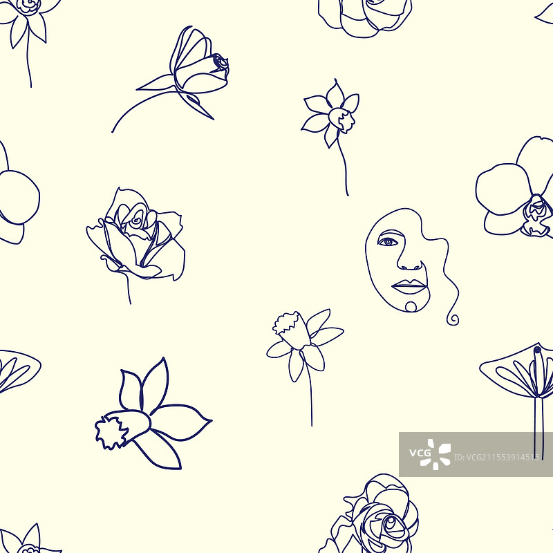 女性面孔连续线条无缝图案图片素材