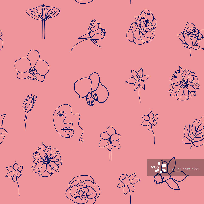 女性面部连续线条无缝图案图片素材