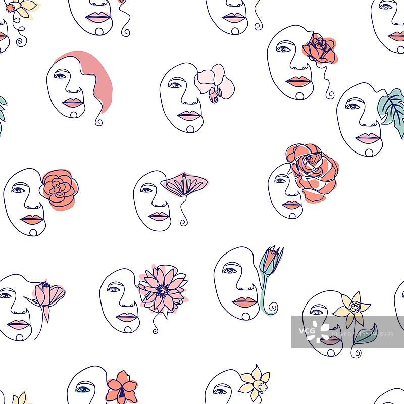 女性面孔连续线条无缝图案图片素材