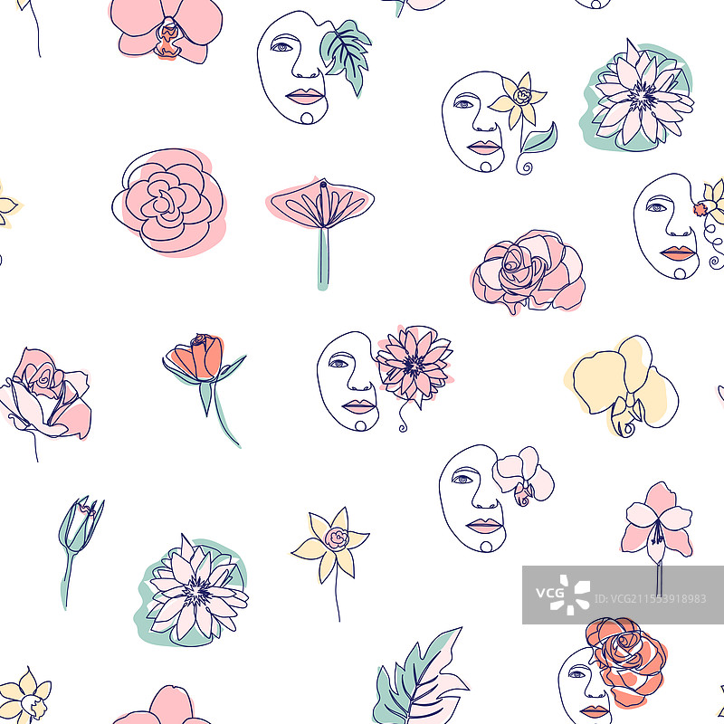 女性面孔连续线条无缝图案图片素材