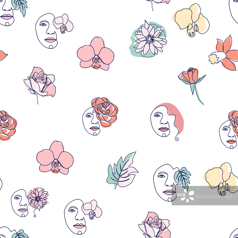 女性面部连续线条无缝图案图片素材