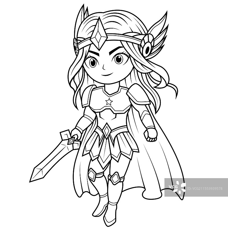 持剑的迷你女武神卡通线条画图片素材