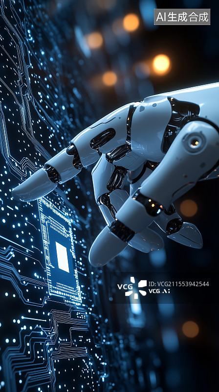 【AI数字艺术】机器人手指触摸芯片图片素材