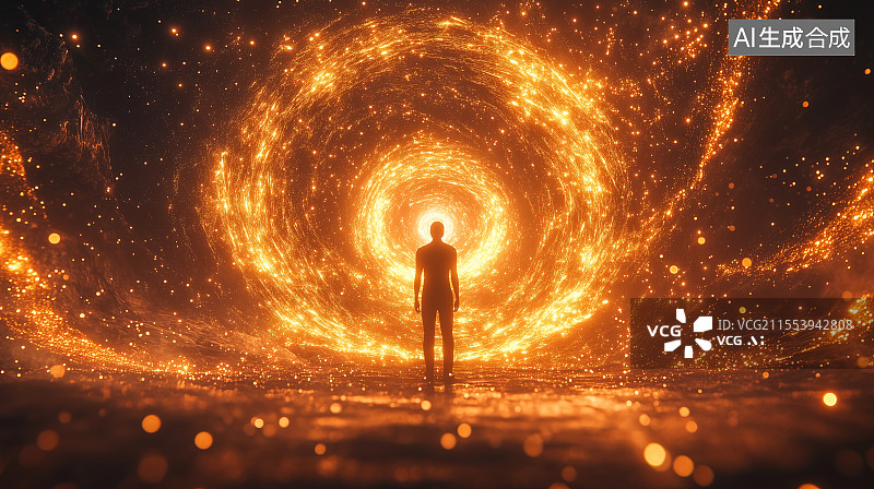 【AI数字艺术】一个人穿过金色漩涡通道图片素材