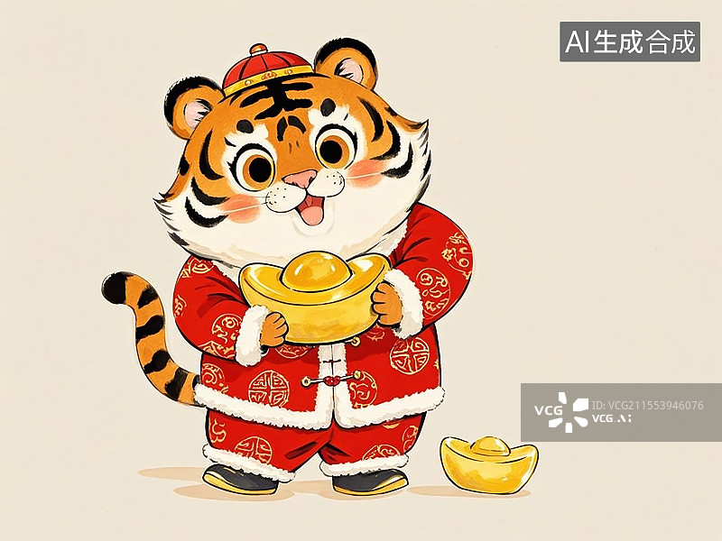 【AI数字艺术】穿着红色喜庆服装抱着金元宝的虎图片素材