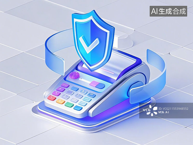 【AI数字艺术】透明背景的3Dpos机和护盾图标，立体菱形结构，哑光金属与发光蓝边材质图片素材