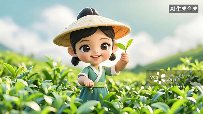 【AI数字艺术】茶园采茶女生三维插画图片素材