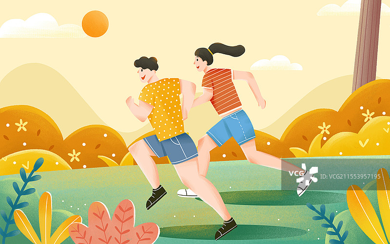 扁平小清新风格之秋季情侣户外跑步插画秋天运动会图片素材