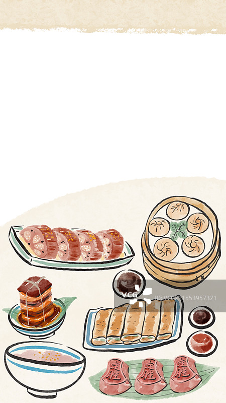 水墨风城市美食长图-杭州图片素材