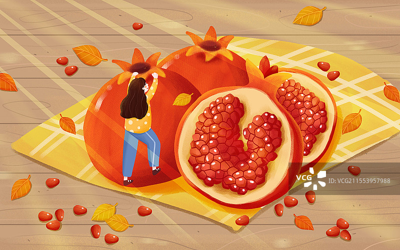 卡通肌理风格之寒露节气小女孩与石榴插画24节气寒露图片素材