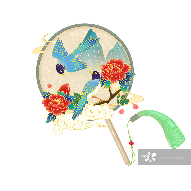 国潮古风花鸟风景团扇PNG元素古风中国风唯美图片素材